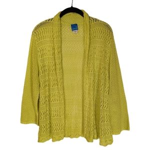 SAPPHIRE STAR Yellow Green Crochet Knit Long Sleeve Open Shawl Sweater Large